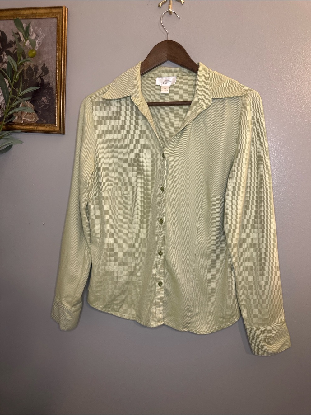 LOFT Ann Taylor Green Pinstripe Button Front Cotton Shirt Size 10 - Picture 3 of 8